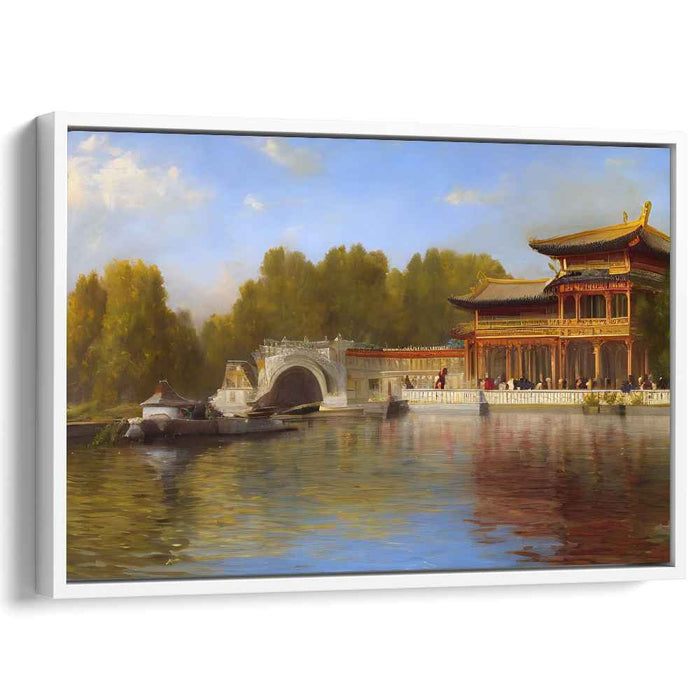 Lotus Tranquility: Traditional East Asian Palace by the Lake Canvas Art Print