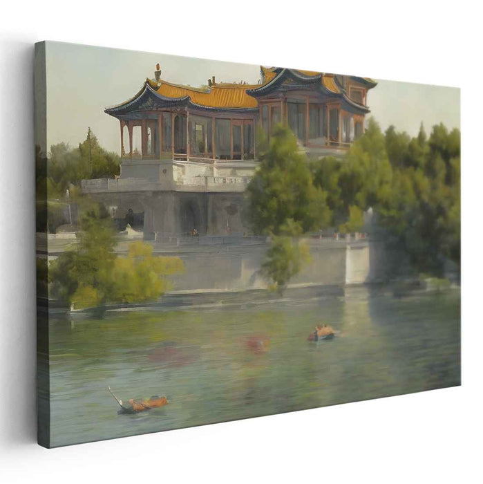 Eastern Zen Oasis: Majestic Oriental Pavilion Landscape Canvas Art