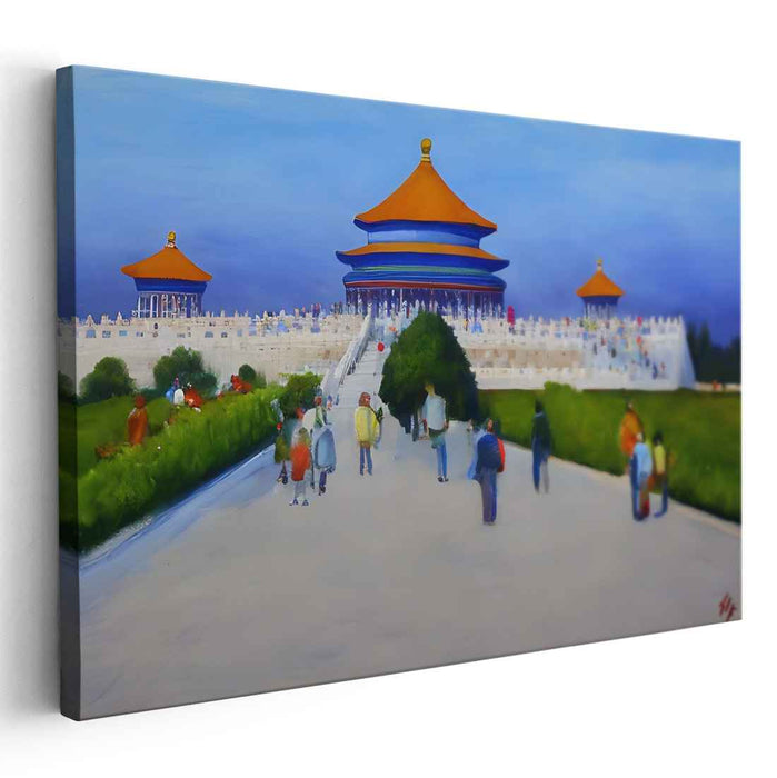 Cerulean Congregation: Blue Temple with Vibrant Crowd Canvas Art Print