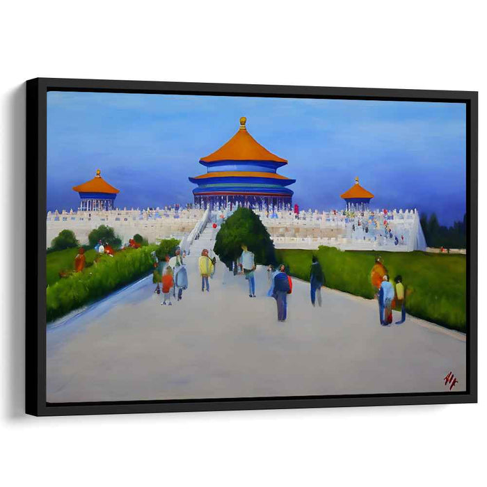 Cerulean Congregation: Blue Temple with Vibrant Crowd Canvas Art Print