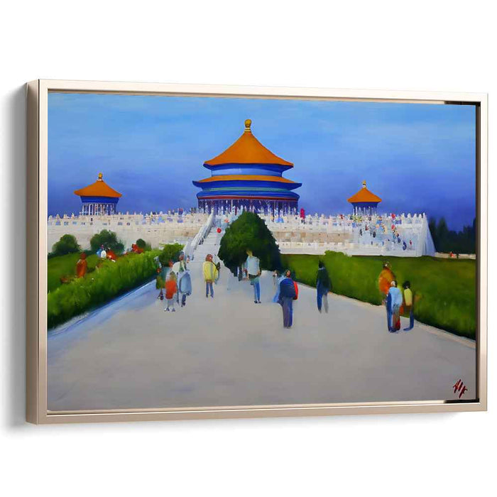 Cerulean Congregation: Blue Temple with Vibrant Crowd Canvas Art Print