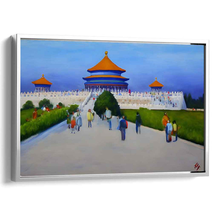 Cerulean Congregation: Blue Temple with Vibrant Crowd Canvas Art Print