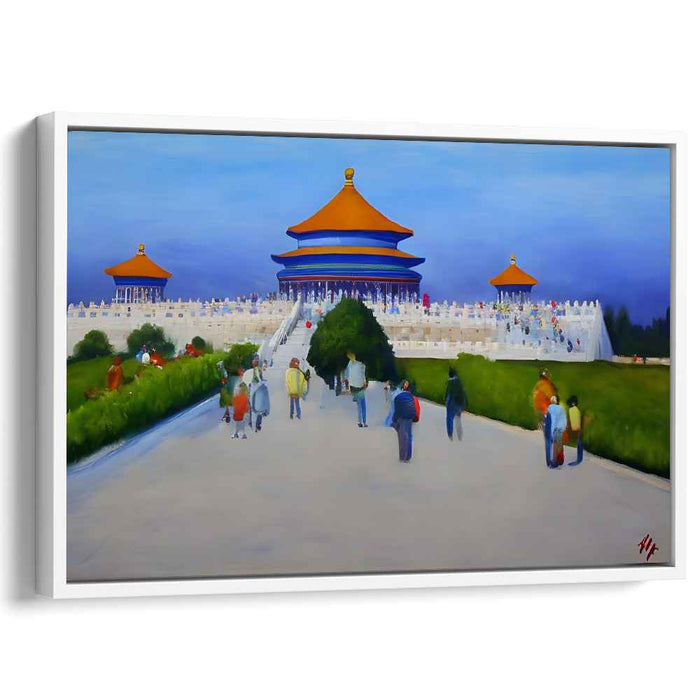 Cerulean Congregation: Blue Temple with Vibrant Crowd Canvas Art Print