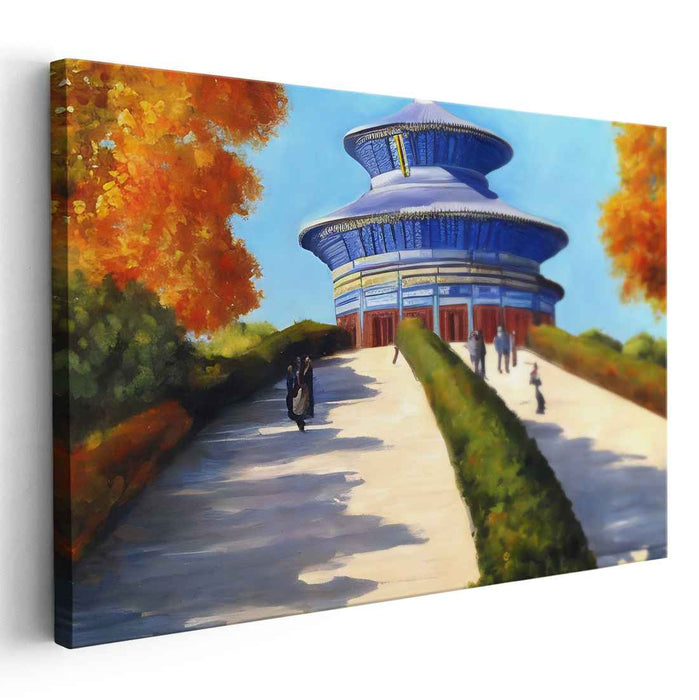 Fall Sanctuary Serenity: A Tranquil Autumn Temple Scene Canvas Art Print