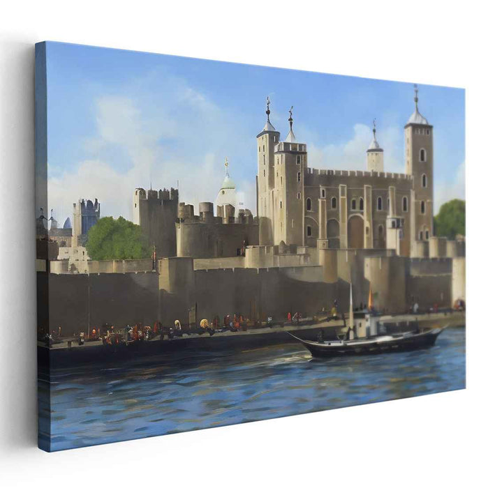 Thames Majesty Towering View: Realistic Tower of London and Thames River Canvas Art