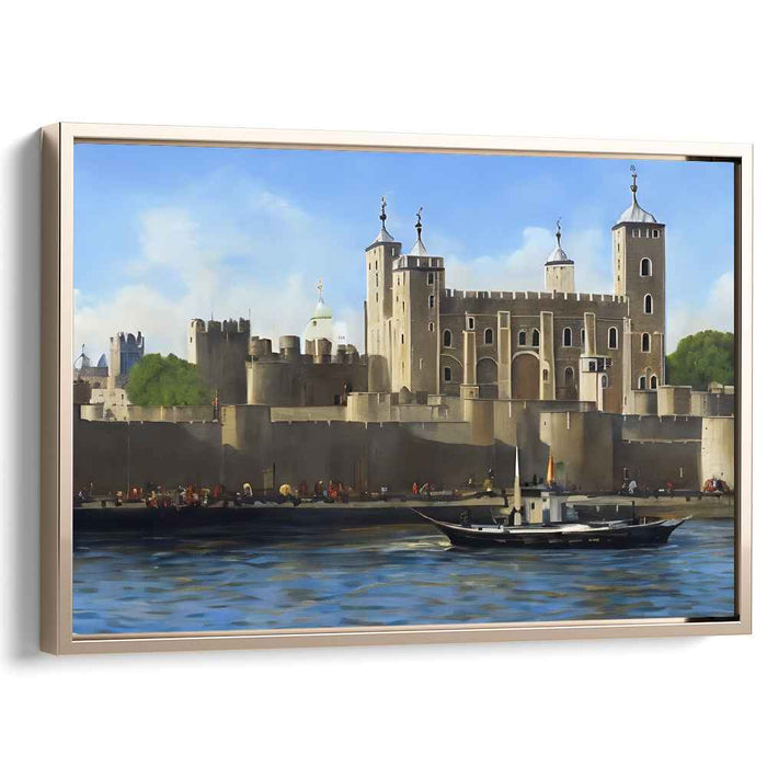 Thames Majesty Towering View: Realistic Tower of London and Thames River Canvas Art
