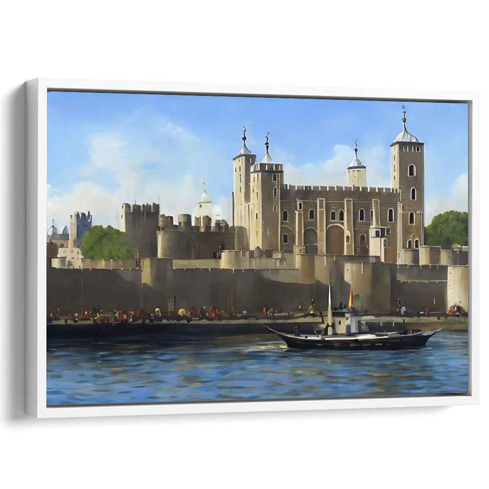 Thames Majesty Towering View: Realistic Tower of London and Thames River Canvas Art