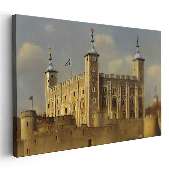 Spectral Shadows Haunting Stone Walls: Realistic Depiction of the Tower of London Canvas Art Print