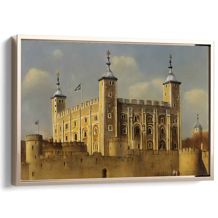 Spectral Shadows Haunting Stone Walls: Realistic Depiction of the Tower of London Canvas Art Print