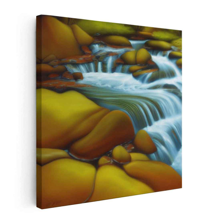 Gilded Stream Serenity: Luminous River Flow Amongst Golden Stones Canvas Art