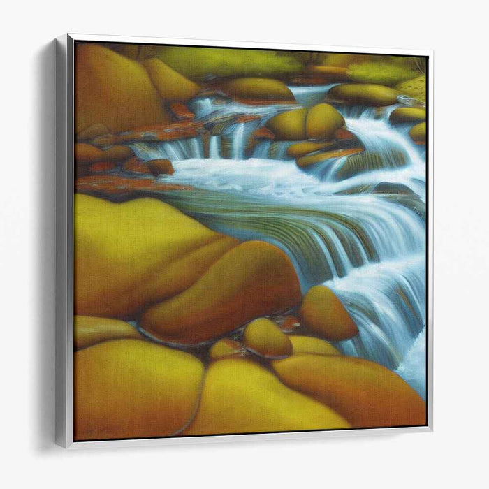 Gilded Stream Serenity: Luminous River Flow Amongst Golden Stones Canvas Art