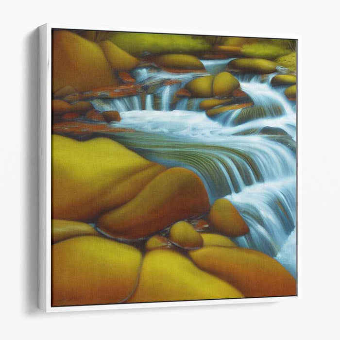 Gilded Stream Serenity: Luminous River Flow Amongst Golden Stones Canvas Art