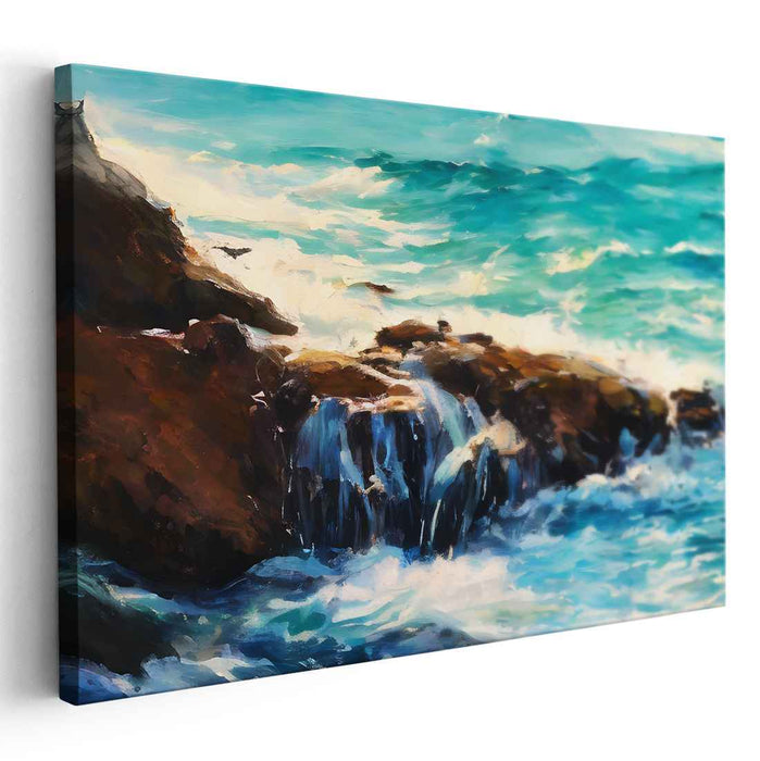 Rockbound Turquoise Symphony: Turquoise Waves Crashing Against Rocky Shores Canvas Art Print
