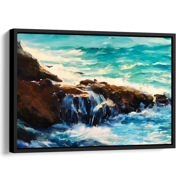 Rockbound Turquoise Symphony: Turquoise Waves Crashing Against Rocky Shores Canvas Art Print