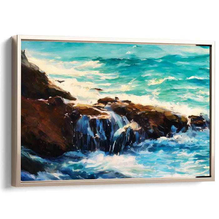 Rockbound Turquoise Symphony: Turquoise Waves Crashing Against Rocky Shores Canvas Art Print