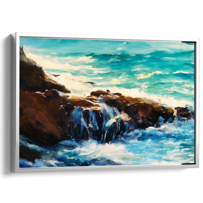 Rockbound Turquoise Symphony: Turquoise Waves Crashing Against Rocky Shores Canvas Art Print