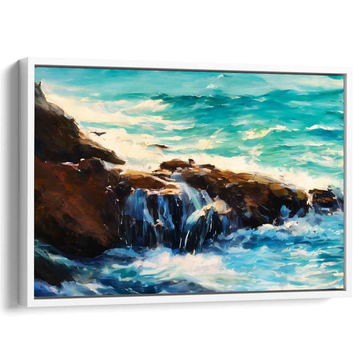 Rockbound Turquoise Symphony: Turquoise Waves Crashing Against Rocky Shores Canvas Art Print