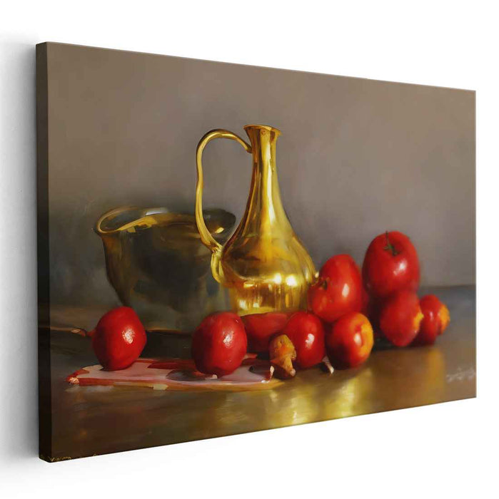 Golden Glow and Crimson Richness: Classic Still Life with Apples and Metal Pitcher