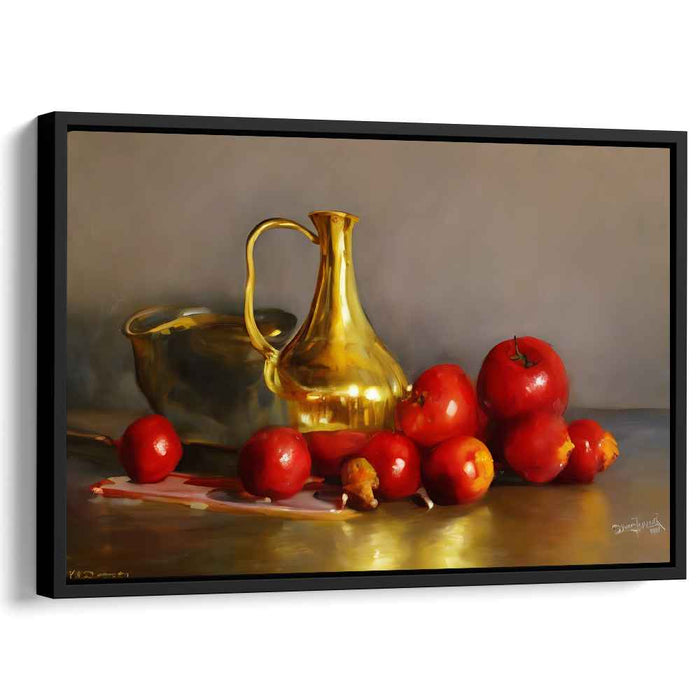 Golden Glow and Crimson Richness: Classic Still Life with Apples and Metal Pitcher