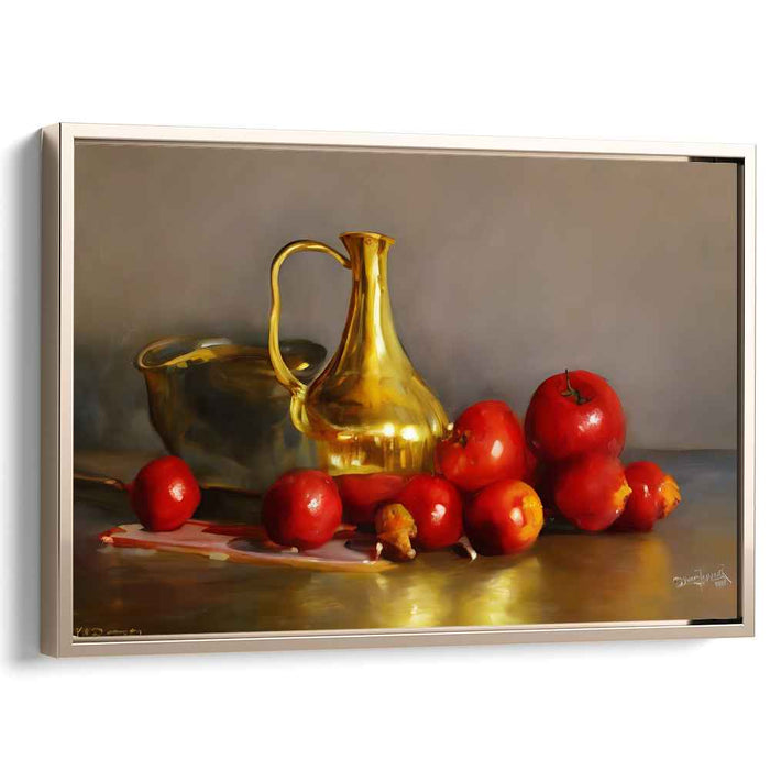 Golden Glow and Crimson Richness: Classic Still Life with Apples and Metal Pitcher