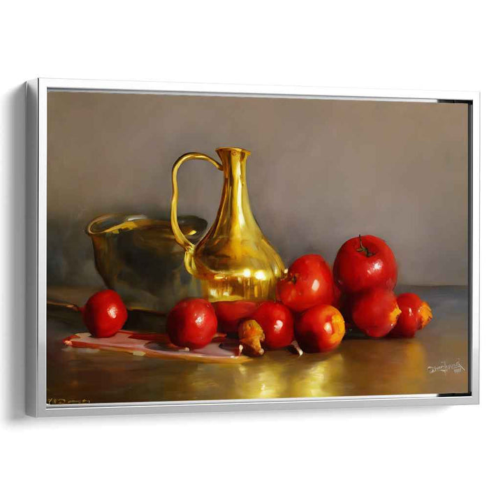 Golden Glow and Crimson Richness: Classic Still Life with Apples and Metal Pitcher