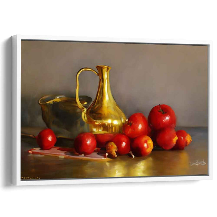 Golden Glow and Crimson Richness: Classic Still Life with Apples and Metal Pitcher