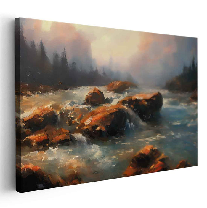 Misty River Serenity: Captivating Landscape Canvas Art Print