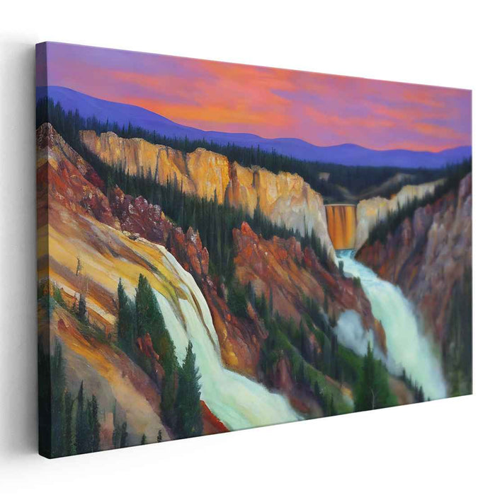 Ethereal Cascade Glow: Sunset Waterfall Landscape Canvas Art Print