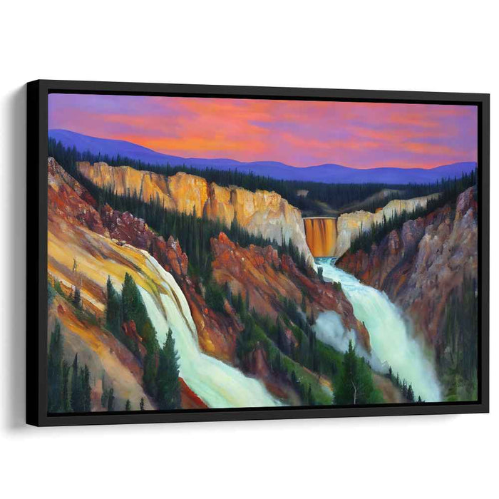 Ethereal Cascade Glow: Sunset Waterfall Landscape Canvas Art Print