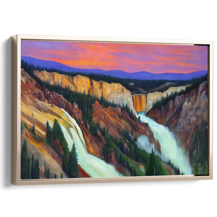 Ethereal Cascade Glow: Sunset Waterfall Landscape Canvas Art Print