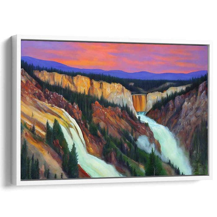 Ethereal Cascade Glow: Sunset Waterfall Landscape Canvas Art Print