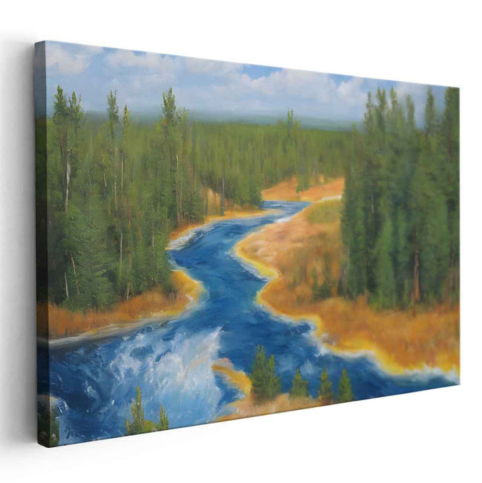 Twists of Verdant Path: Meandering River Through Lush Forest Landscape Canvas Art Print