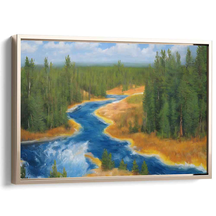 Twists of Verdant Path: Meandering River Through Lush Forest Landscape Canvas Art Print