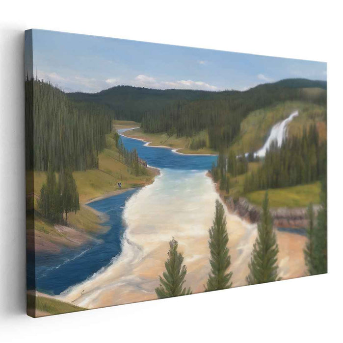 Silent Meadow Serenity: Serene River Valley Landscape Canvas Art