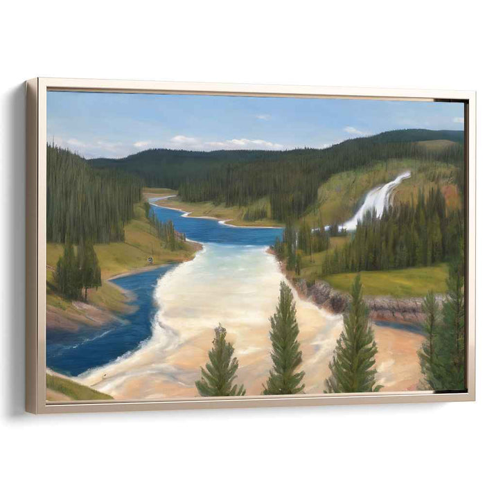 Silent Meadow Serenity: Serene River Valley Landscape Canvas Art