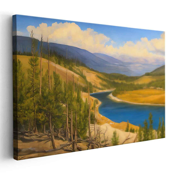 Valley's Quiet Embrace: Tranquil River Valley Landscape Canvas Art Print