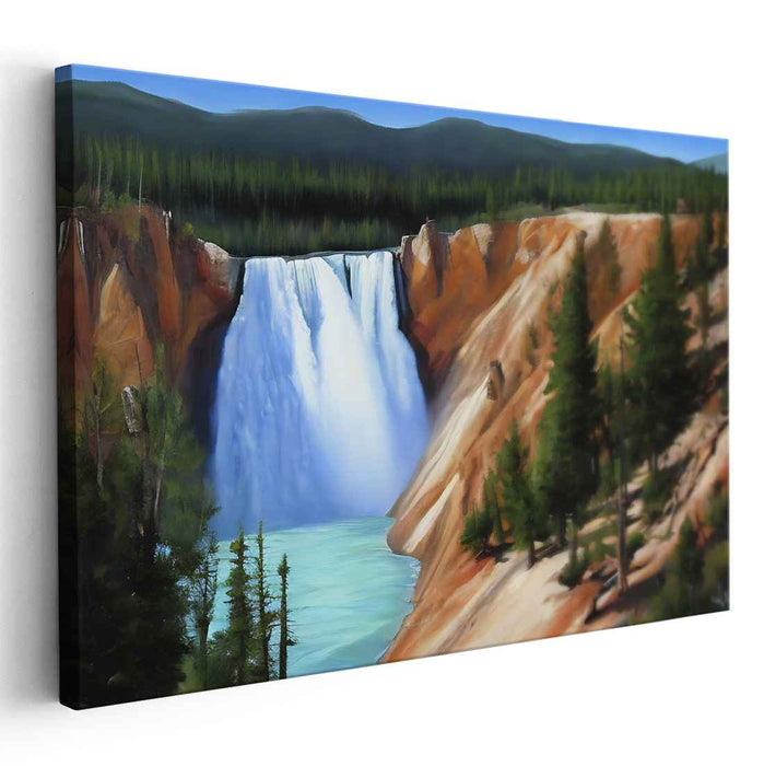 Whispering Cascades Among Pines: Realistic Waterfall and Pine Forest Canvas Art Print