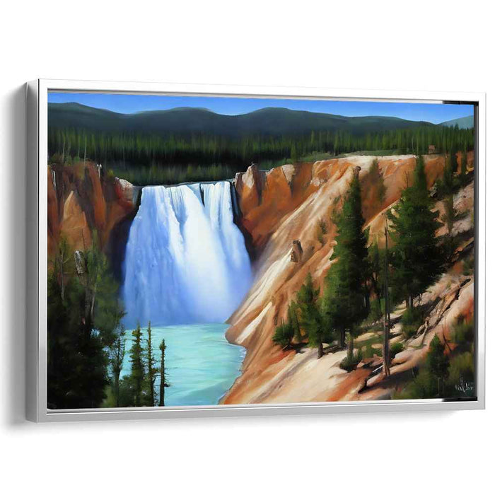 Whispering Cascades Among Pines: Realistic Waterfall and Pine Forest Canvas Art Print