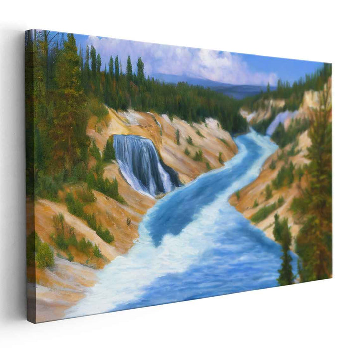 Cascade Pines Serenity: Realistic Landscape with Waterfall and Pine Trees