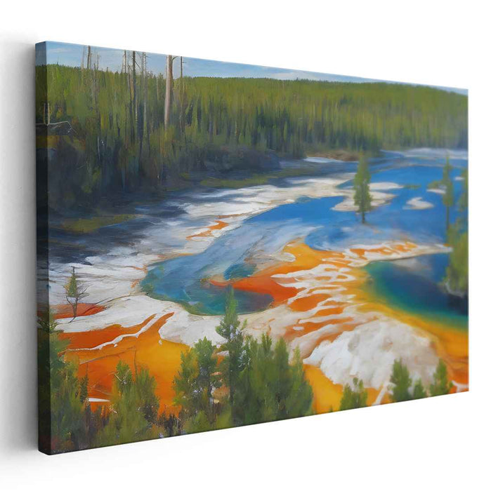 Riverside Canopy Serenity: Lush Forest and Colorful River Landscape Canvas Art