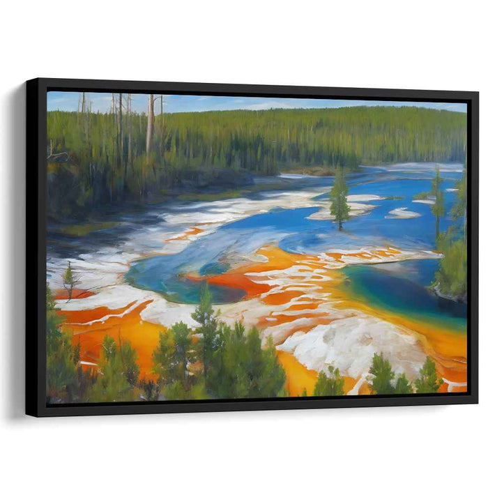 Riverside Canopy Serenity: Lush Forest and Colorful River Landscape Canvas Art