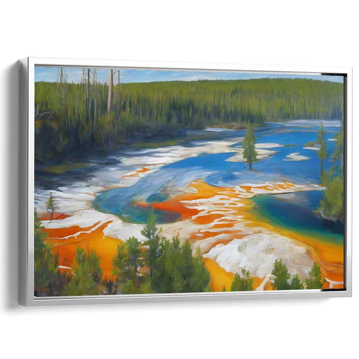 Riverside Canopy Serenity: Lush Forest and Colorful River Landscape Canvas Art