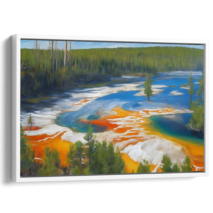 Riverside Canopy Serenity: Lush Forest and Colorful River Landscape Canvas Art