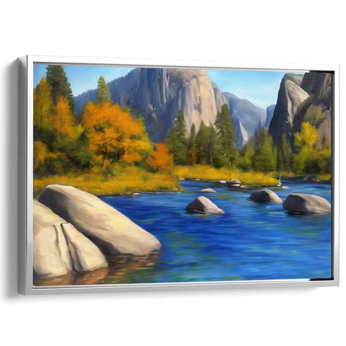 Tranquil Riverbank in Autumn: Serene Mountain Landscape Canvas Art Print