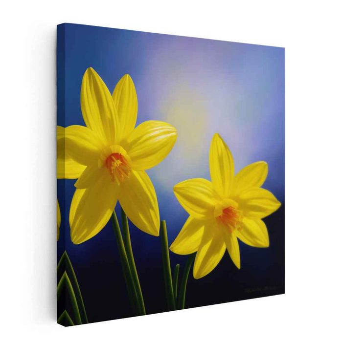 Sunlit Blooms Illusion: Hyper-Realistic Yellow Daffodils Canvas Art Print
