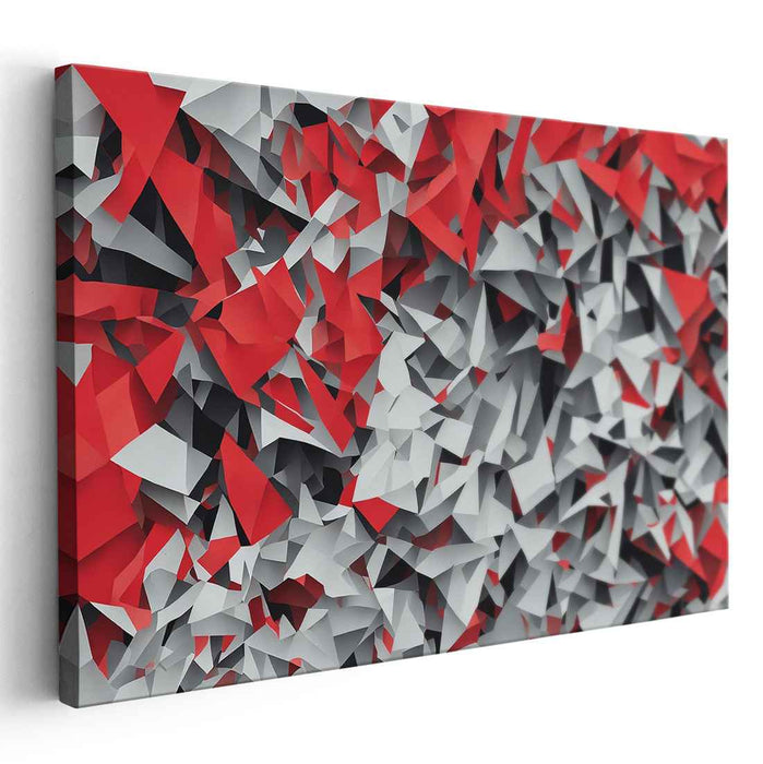 Chaos Array Crimson Blast: Abstract Geometric Explosion in Red and Gray Canvas Art