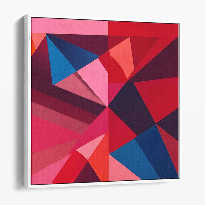 Interwoven Prism Melody: Modern Abstract Triangular Symphony in Red, Pink, and Blue