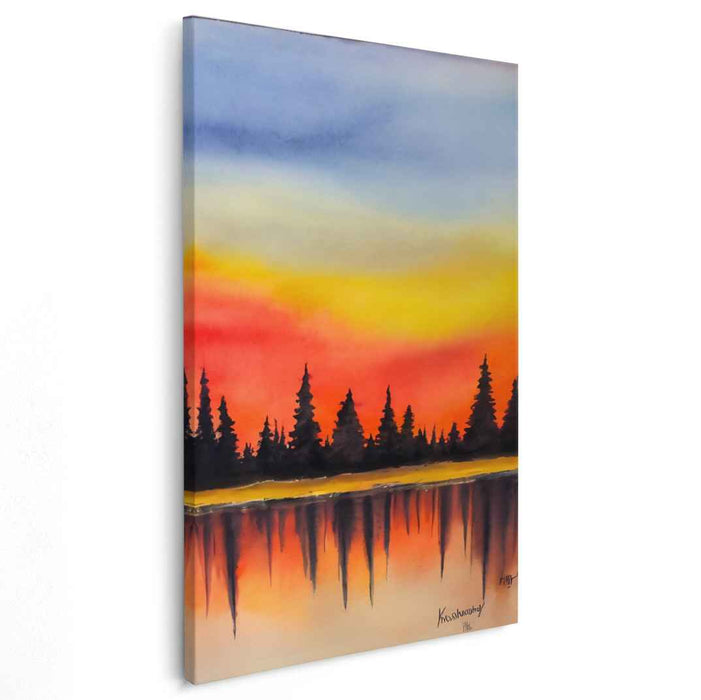 Dusk Among Pine Shadows: Watercolor Sunset and Silhouetted Pines Canvas Art