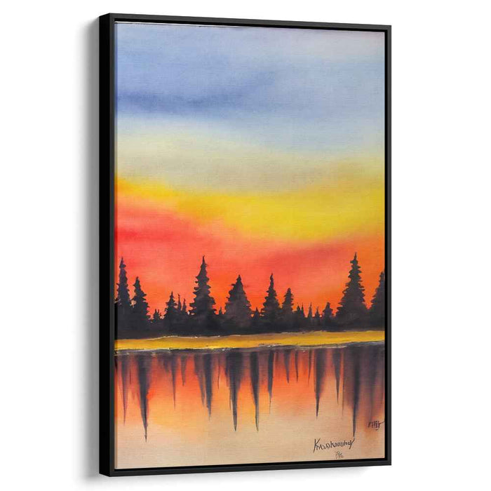 Dusk Among Pine Shadows: Watercolor Sunset and Silhouetted Pines Canvas Art