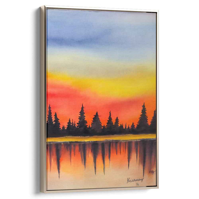 Dusk Among Pine Shadows: Watercolor Sunset and Silhouetted Pines Canvas Art